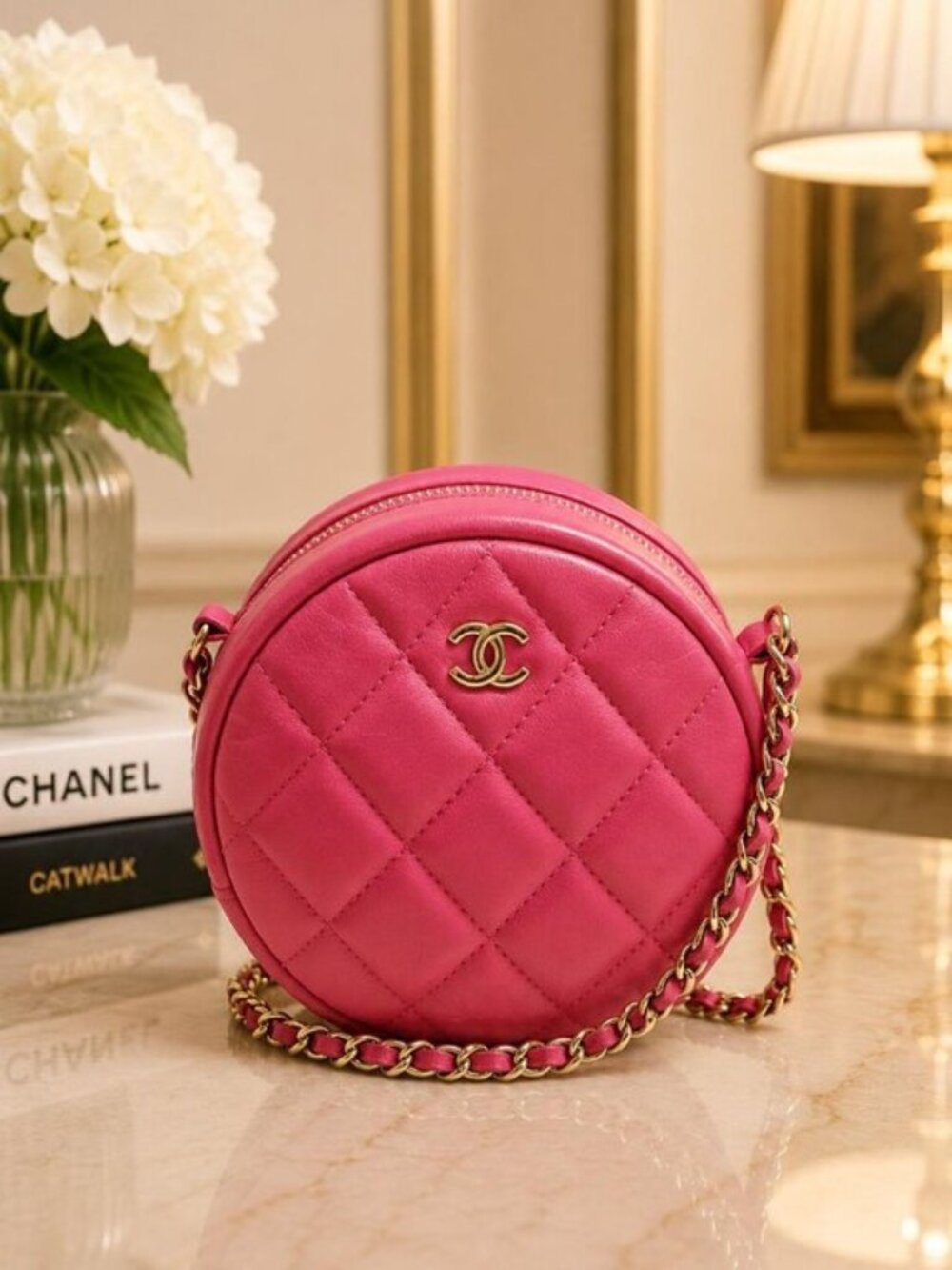 Authentic Chanel Round Crossbody Bag Pink Quilted Lambskin Gold CC